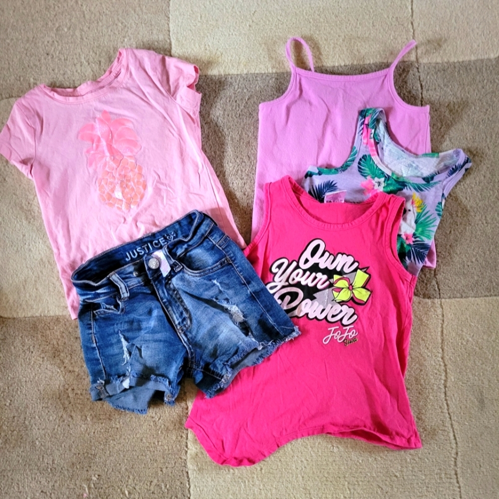 Justice Girls Sz 6.. 3- Tank Tops & 1 Pair of Shorts plus 1 Tee Shirt